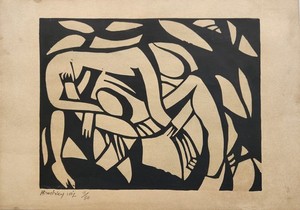 linocut print titled The Wrestlers by the French artist Henri Gaudier-Brzeska