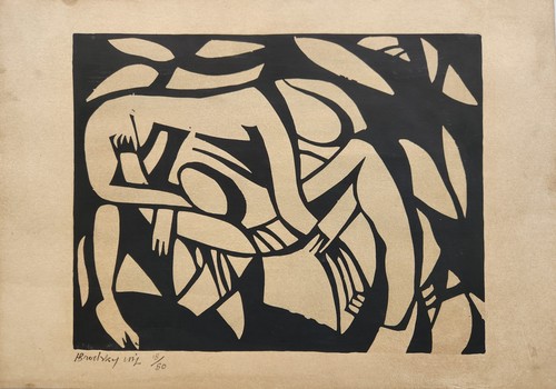 linocut print titled The Wrestlers by the French artist Henri Gaudier-Brzeska