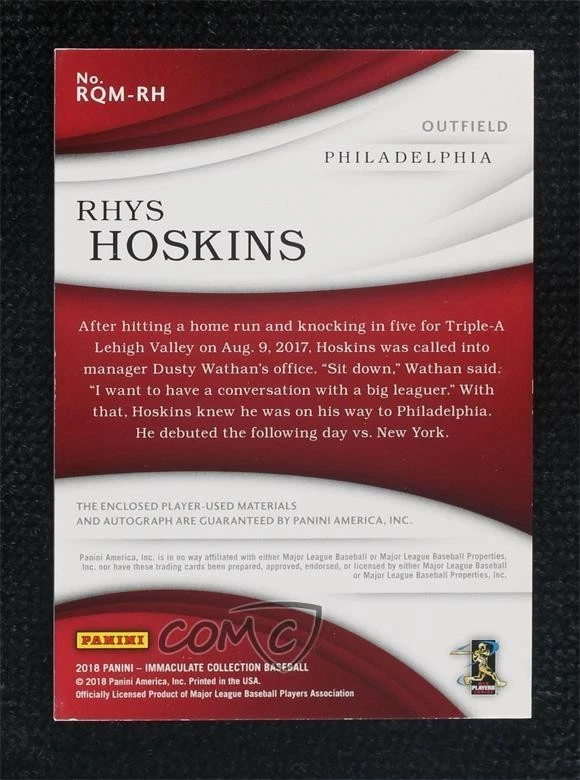 2018 Panini Immaculate Rookie Quad Materials Gold /49 Rhys Hoskins Auto RC - Image 2 of 2