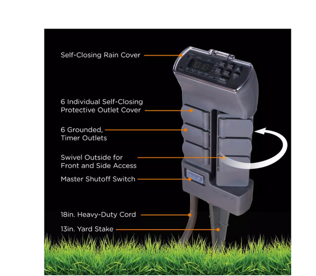 myTouchSmart Outdoor Digital Yard Stake Timer 6 Grounded Outlets 41371