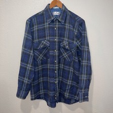 VTG Sears Roebuck Single Needle Tailoring Blue Plaid Button Flannel Shirt Large