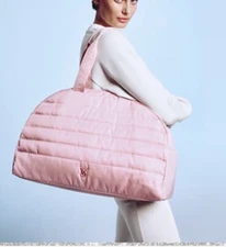 Victoria's Secret Quilted Duffle Bag Pink Zinc Weekender Gold Logo Zipper Pocket