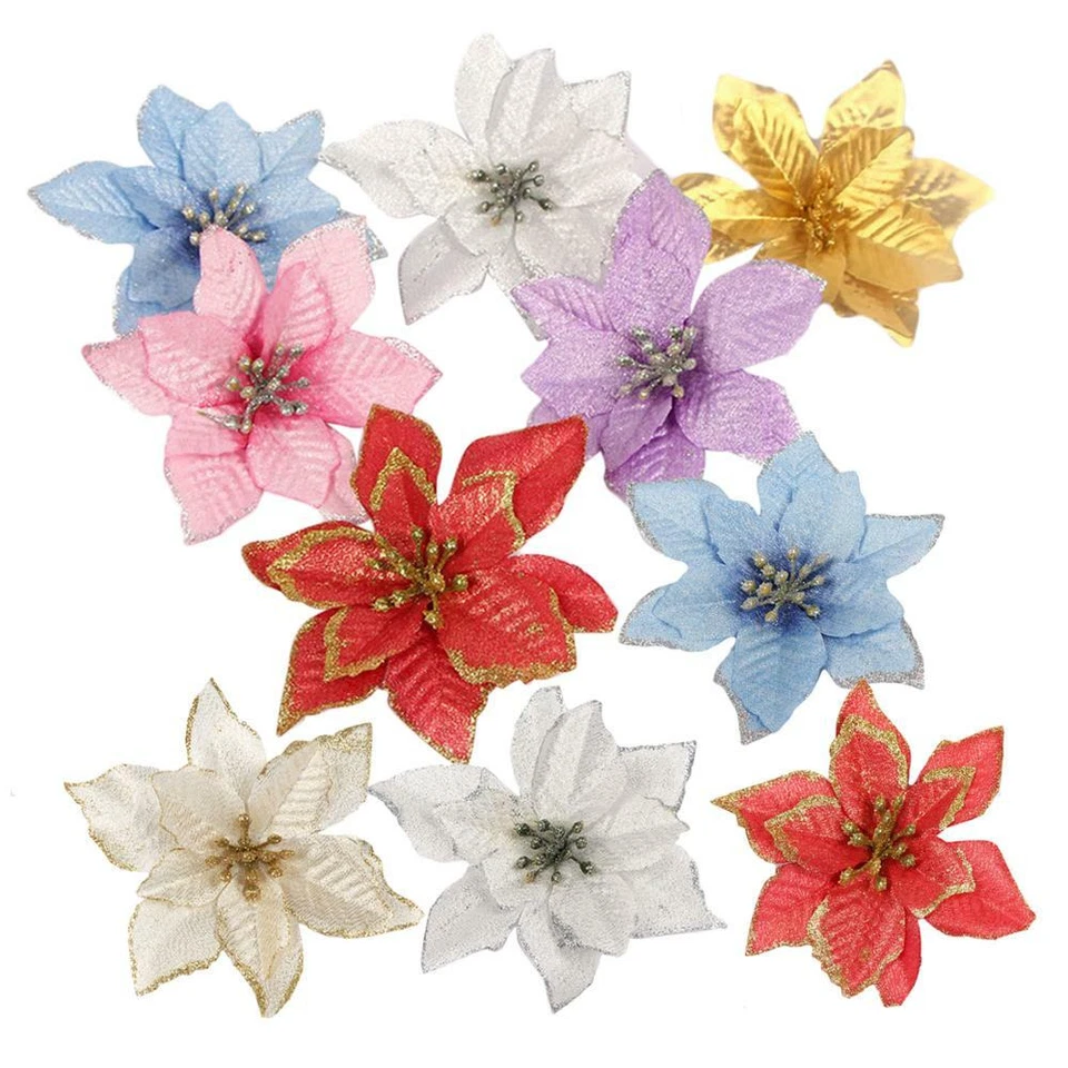 12Pcs Christmas Large Poinsettia Glitter Flower Tree Hanging Party Xmas Decor 