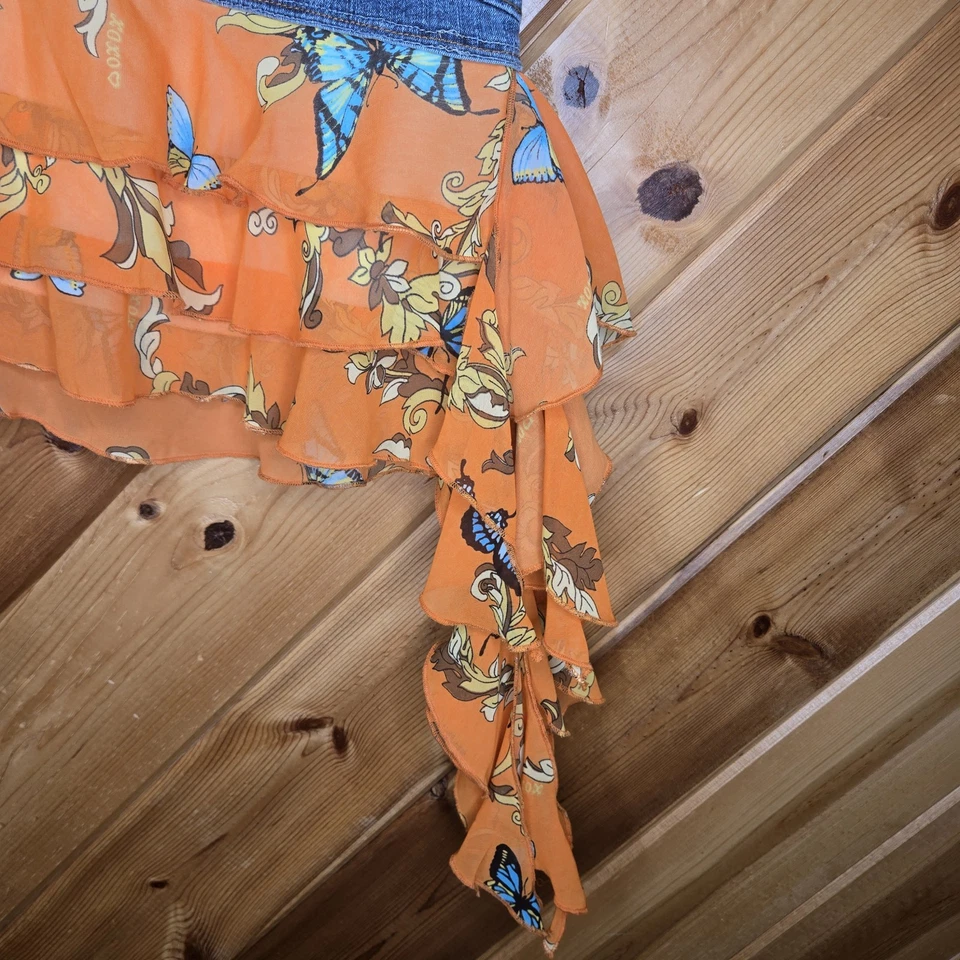 Minifalda asimétrica Boho Fairy 27" cintura etiquetada 0 Y2K XOXO Denim y Gasa Foto 3 de 4