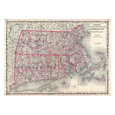 1861 Johnson & Browning Road Map of Massachusetts, Connecticut, and Rhode Island