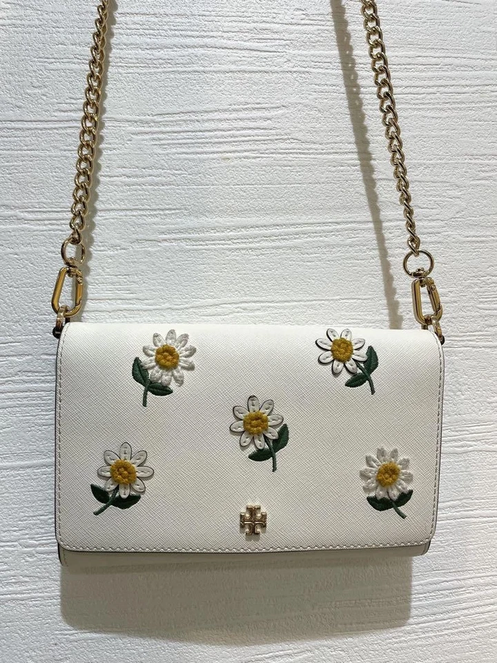 Bolso de Hombro Tory Burch Blanco Floral Bordado Cadena Cuero MBc0297 Foto 2 de 4
