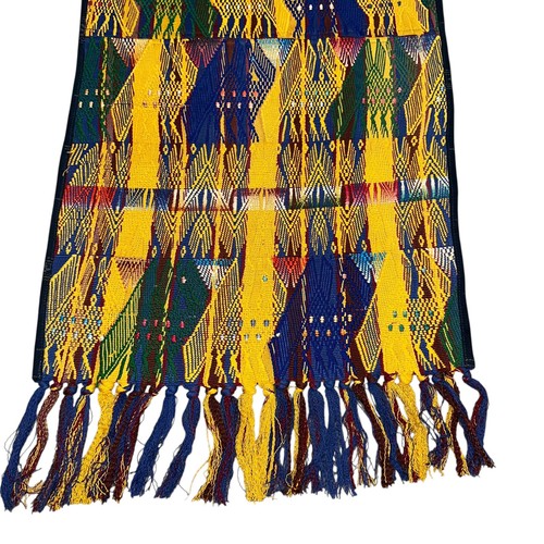 Vintage Guatemala Woven Huipil Fabric Table Runner 16”x50” Multi Color Tassels