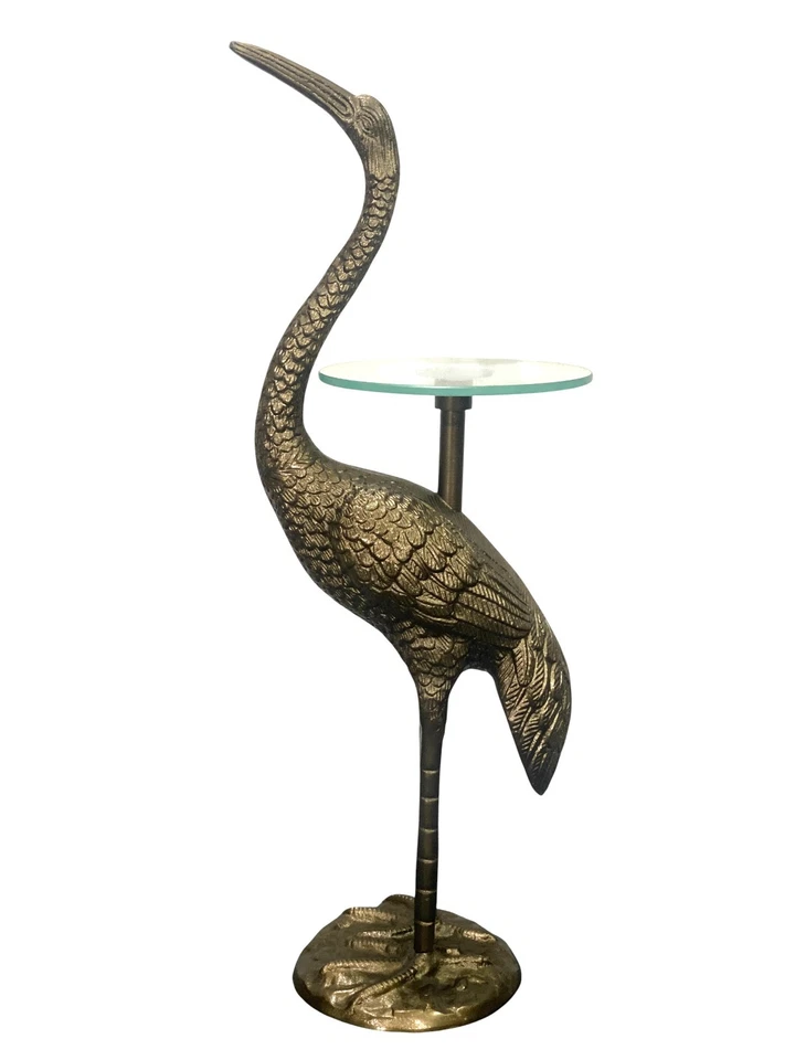 Handmade Aluminum Flamingo Side Table, Antique Brass Finish, Glass Top - Image 2 of 4