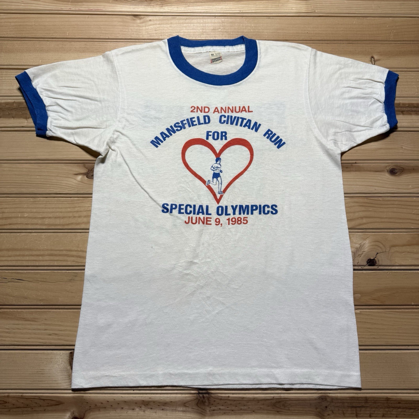Vintage 1985 Mansfield Civitan Special Olympics Run Ringer Tee Size Medium 80s Retro Shirt