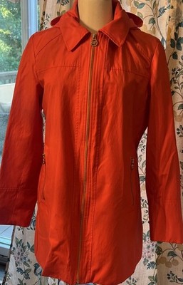 Michael Kors Long Women's Jacket Orange Trenchcoat Pockets Zip Up Button Mk L