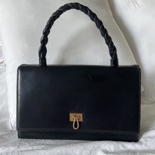 Rare Vintage BIENEN DAVIS Black Leather Top Twisted Handle Clasp Handbag Purse