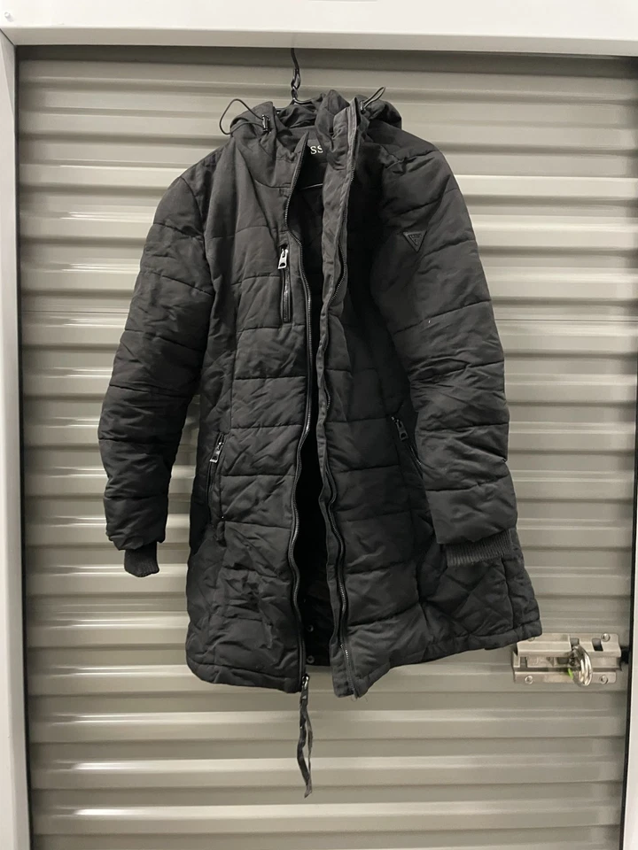 Guess Down Jacket Womens M Black Quilted Full Zip Puffer Coat Hooded Mid Length - Image 2 of 4