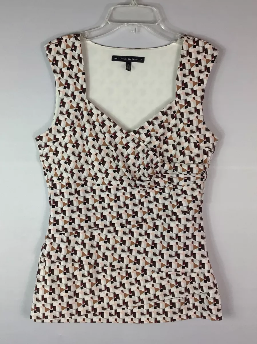 White House Black Market Tank Top Med Off White Brown V-Neck Pleated Lined