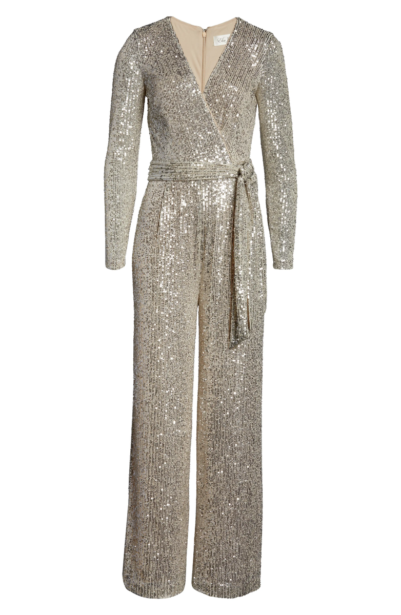 NEW ELIZA J 10 Sequin Wrap Front Long Sleeve Jumpsuit in