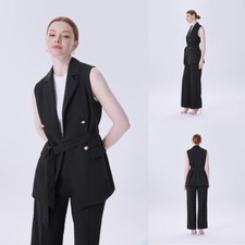 Women's Sleeveless Long Blazer Waistcoat Vest Tops Office Suit Jacket Cardigan