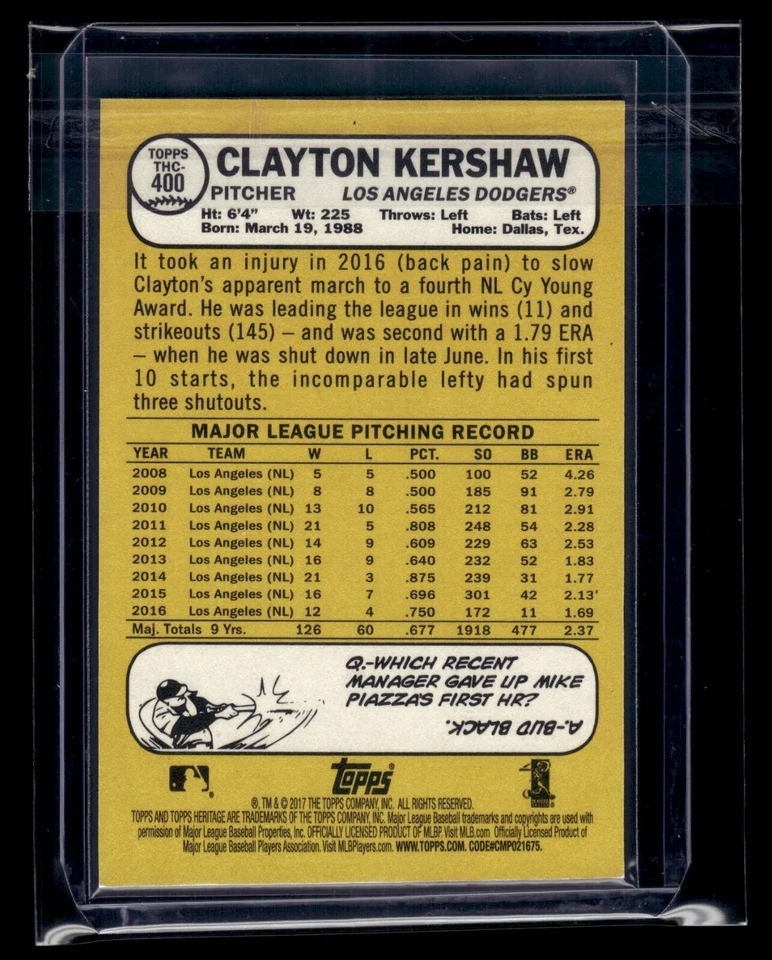 2017 Topps Chrome Heritage Purple Refractor #400 Clayton Kershaw Dodgers - Image 2 of 2