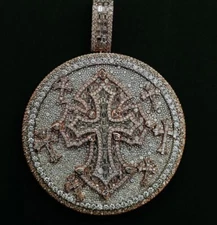 4Ct Round Real Moissanite Circle Medallion Cross Pendant 14K Rose Gold Plated