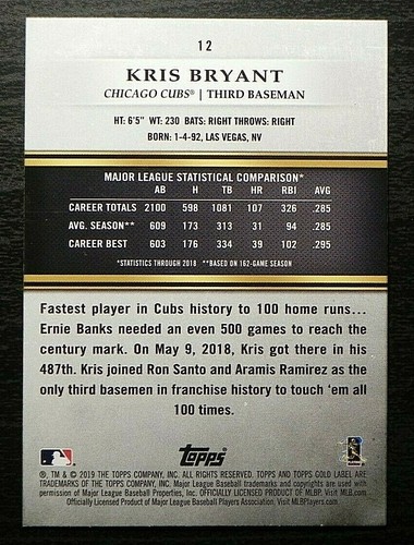 2019 TOPPS Gold Label Baseball Base Class 3 #12 Kris Bryant Chicago Cubs - Picture 2 of 2