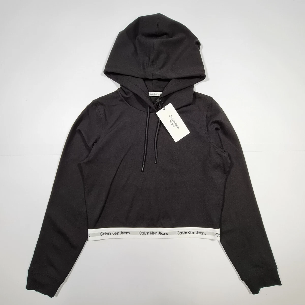 Calvin Klein Womens Hoodie Black Large Cropped Pullover Top Tape
