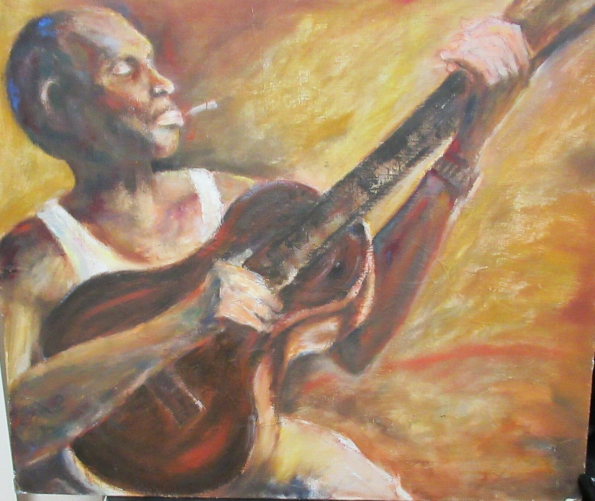 AFRICAN AMERICAN MAN SMOKING PLAYING A GUITAR OIL ON BOARD PAINTING UNSIGNED