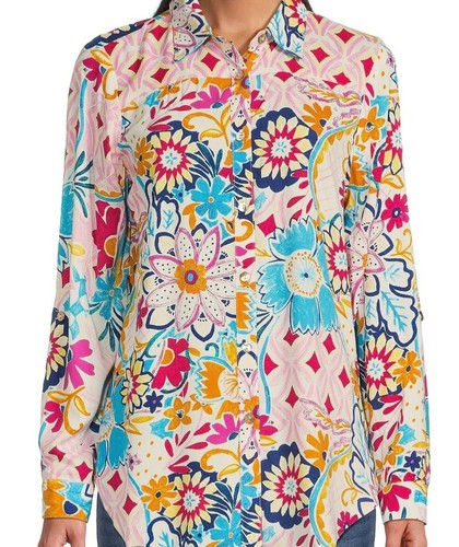Figueroa & Flower Large Boho Floral Long Sleeve Roll Sleeve Blouse Top - 第 2/10 張圖片