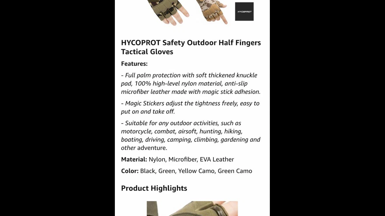 HYCOPROT Fingerless Tactical Gloves, Knuckle Protective Medium Black - New! image 7