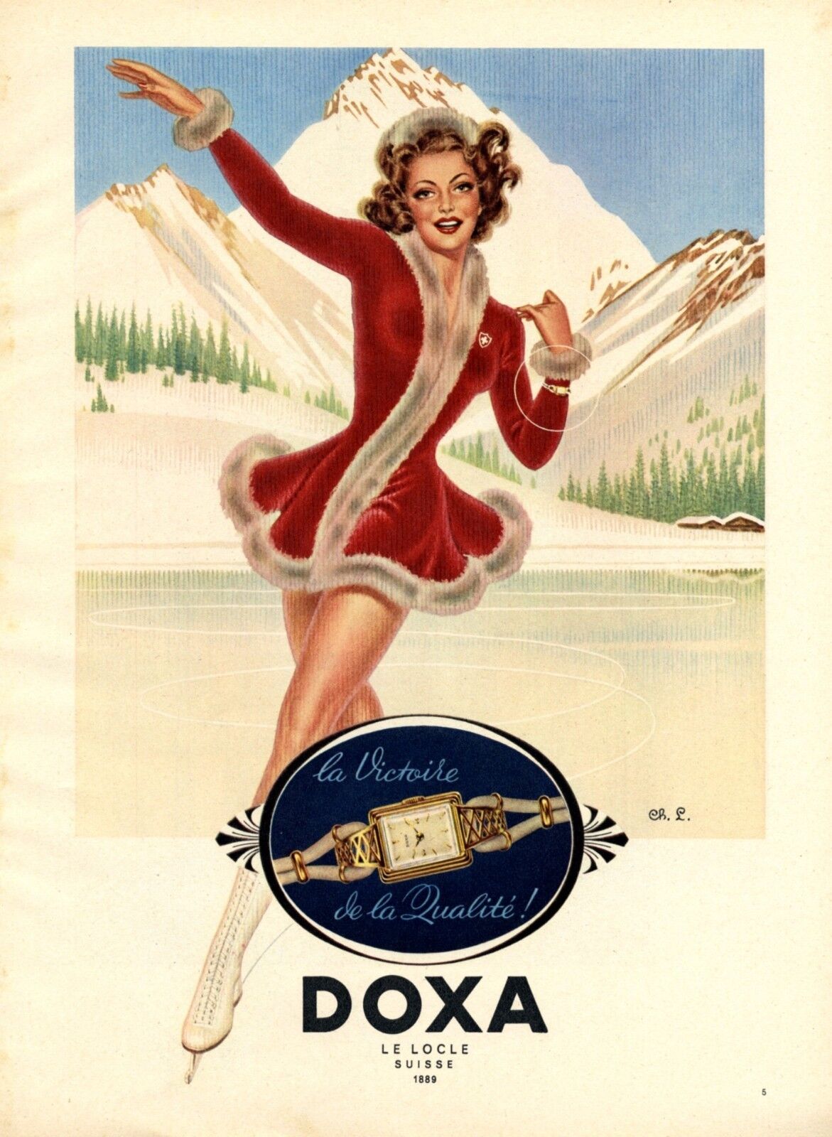 Szwajcarski zegarek Doxa z Le Locle XL Reklama 1949 Szwajcaria Łyżwiarstwo figurowe Nylony Lake Nowa, popularna WYPRZEDAŻ
