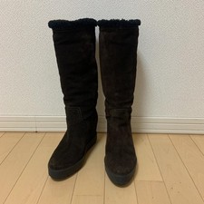 PRADA Suede Long Boots with Fur Trim Dark Brown Size 37 Knee-High Used Japan