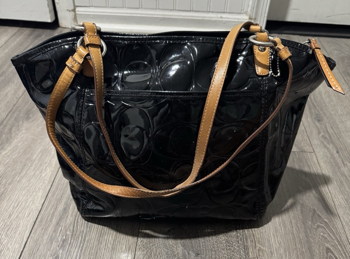 COACH SIGNATURE LEAH EMBOSSED PATENT LEATHER SHOULDER TOTE BAG