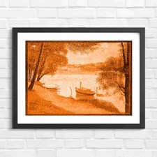 Impressionist Countryside Boat River Scene Orange Framed Wall Art Print Large
