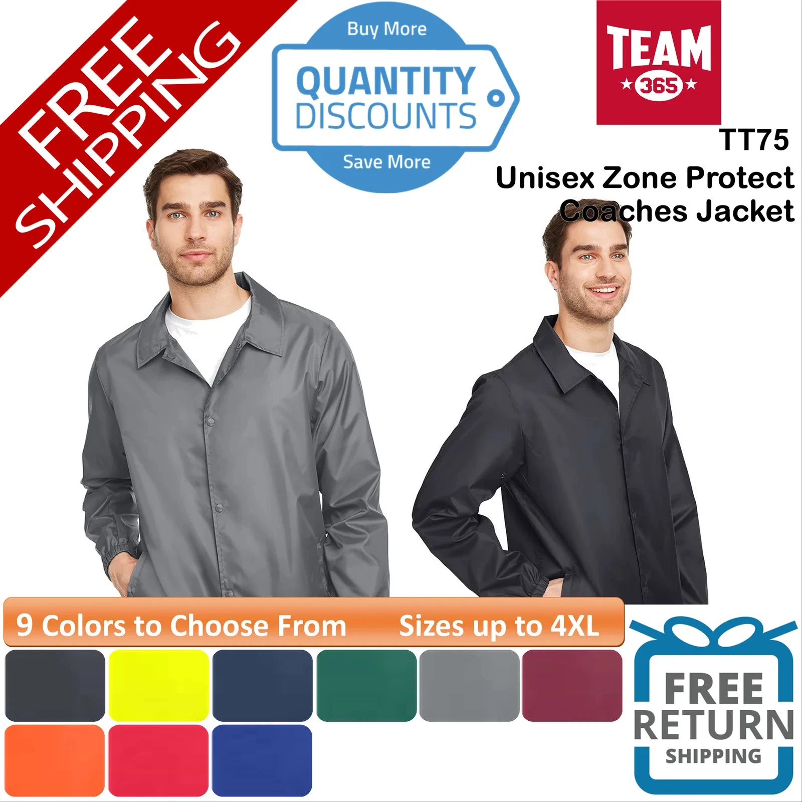 🔥 Team 365 Unisex Zone Protect Coaches Jacket pockets Snap Up To 4XL TT75
