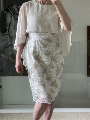 Gina Bacconi Embroidered Lace Dress With Chiffon Overlay Ivory/Champagne Uk 12