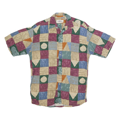 CAMPIA Herren Kurzarmhemd beige grün lila Viskose S geometrisches Muster
