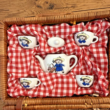 90s Vintage Madeline Play Tea Set Wicker Basket w/ Teapot, Cups, Plates, etc