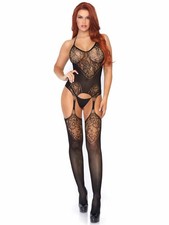 Leg Avenue Lace Jacquard Suspender Bodystocking One Size Black Seamless NEW