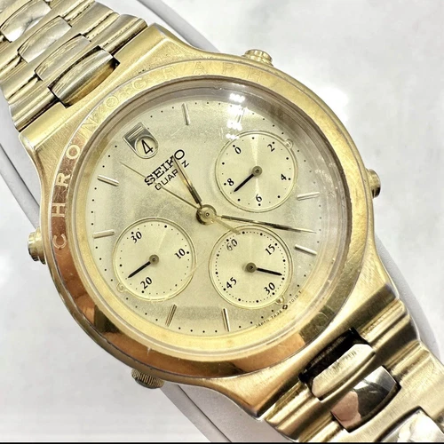 Vintage SEIKO 7A34-7019 Gold Tone Quartz Chronograph, Working, Size 7.5"
