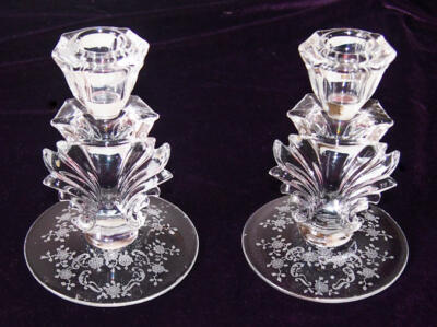 pr Fostoria Candlesticks Baroque Elegant Glass Etched floral pattern vintage