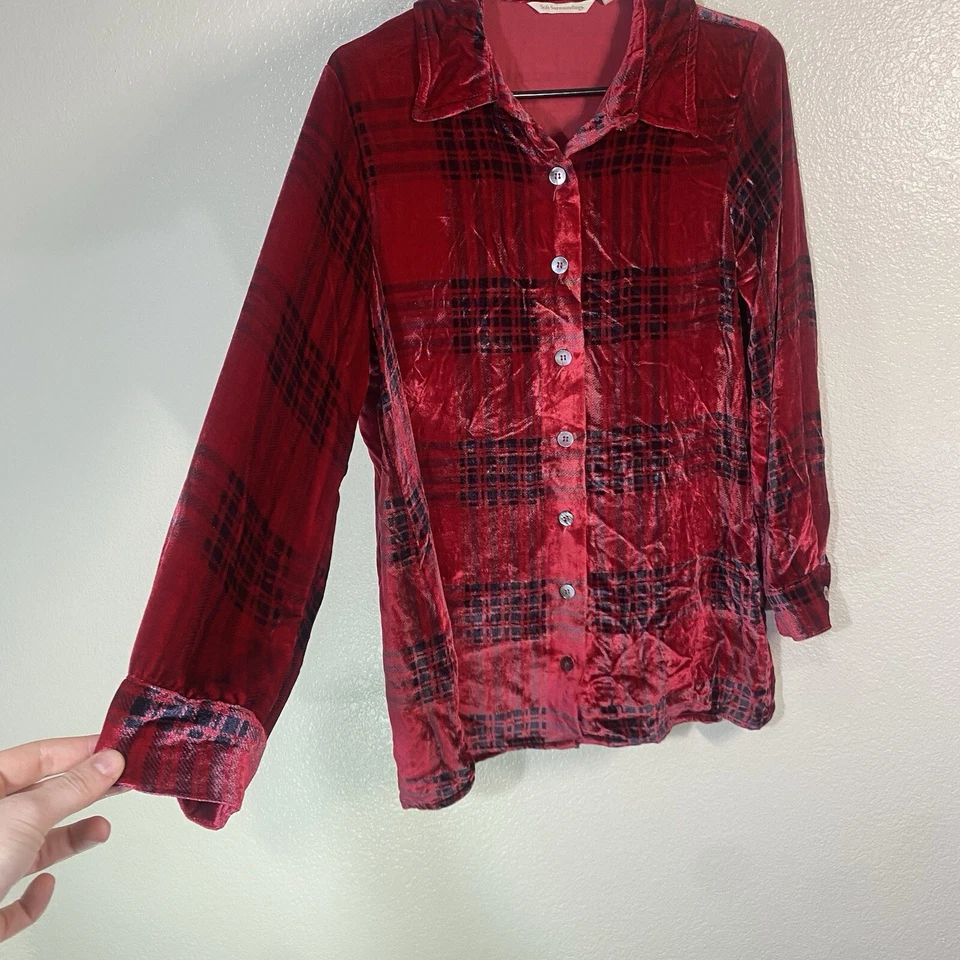 Top túnica de terciopelo a cuadros Soft Surroundings para mujer rojo con botones talla XS Foto 3 de 4