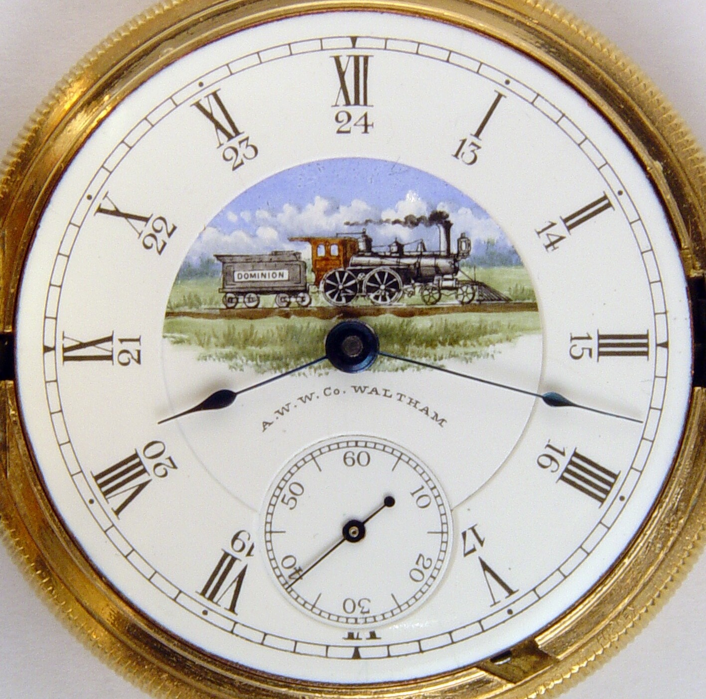 WALTHAM DOMINION RAILWAYS 15J 18S BEAUTIFUL TRAIN DIAL RAILROAD POCKET