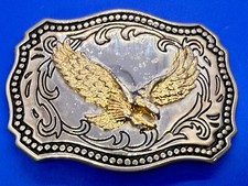 American Bald Eagle Flying Hunting Diving Two Tone Ornate Western Belt Buckle