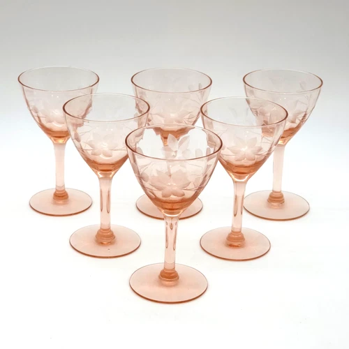 Set Of 6 Pink Depression Cordial Wine Glasses Etched Floral Vintage 4.5"