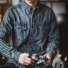 Mens Retro Washed Striped Denim Shirt Loose Casual Work Jacket Coat M-3XL