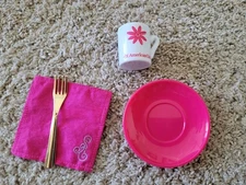 American Girl Doll Set Pink Place Setting Gold Fork Napkin Plate Cup EX