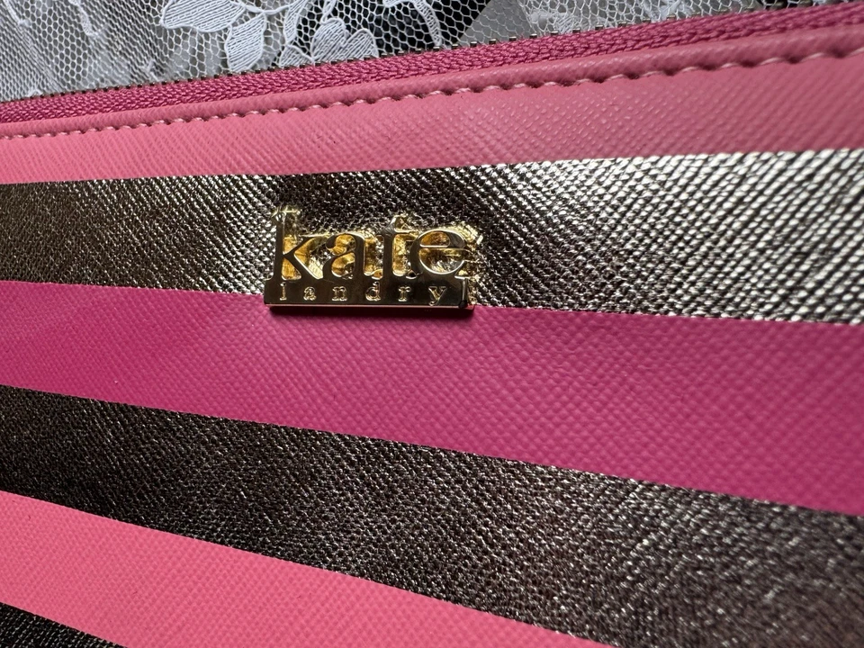 Kate Landry Metallic Gold & Pink Stripe Zip Around Wallet | NWT Accordion Style - Image 3 of 4