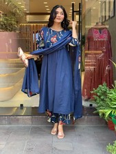 Women s Blue Anarkali Kurta Pant Dupatta Set Stylish Ethnic Three Piece Suit