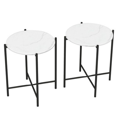 2er Set Marmoroptik Platten rund Beistelltisch Couchtisch Metallgestell