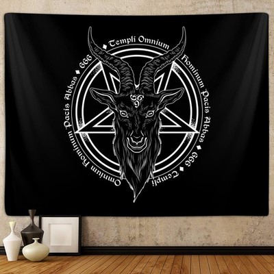 Satanic Pentagram Tapestry for Bedroom, Baphomet Statue 40