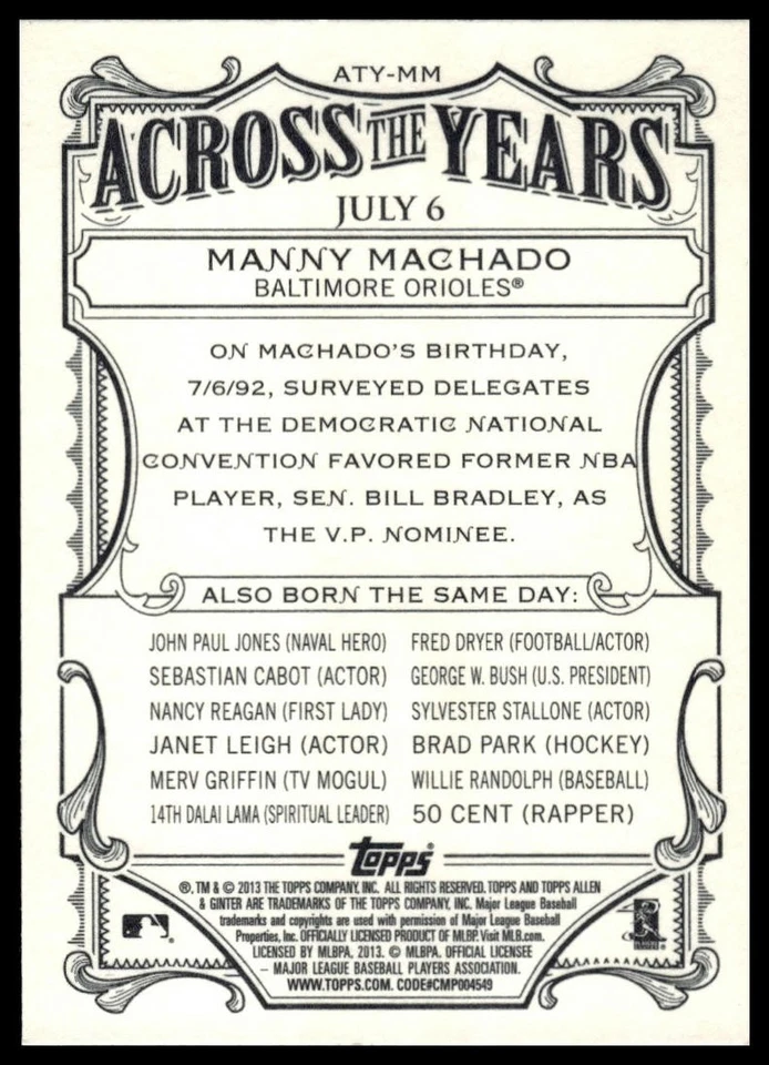 2013 Topps Allen & Ginter #ATY-MM Manny Machado Across the Years - Image 2 of 2