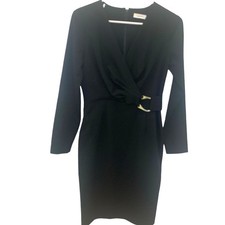 Calvin Klein Party Short Dress 8 Black Faux Wrap Sheath Silver Buckle  Cocktail