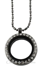 Floating Charm Locket Glass Memory Necklace + Chain Round CZ's Gun Metal Mini